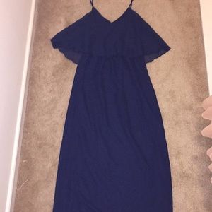 Navy blue maxi dress w/ ruffle bust.